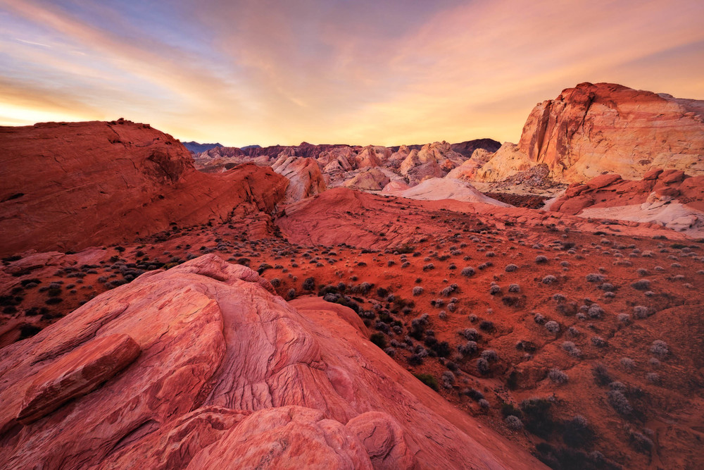 Sunrise over the rock formations of Valley of Fire State Park.