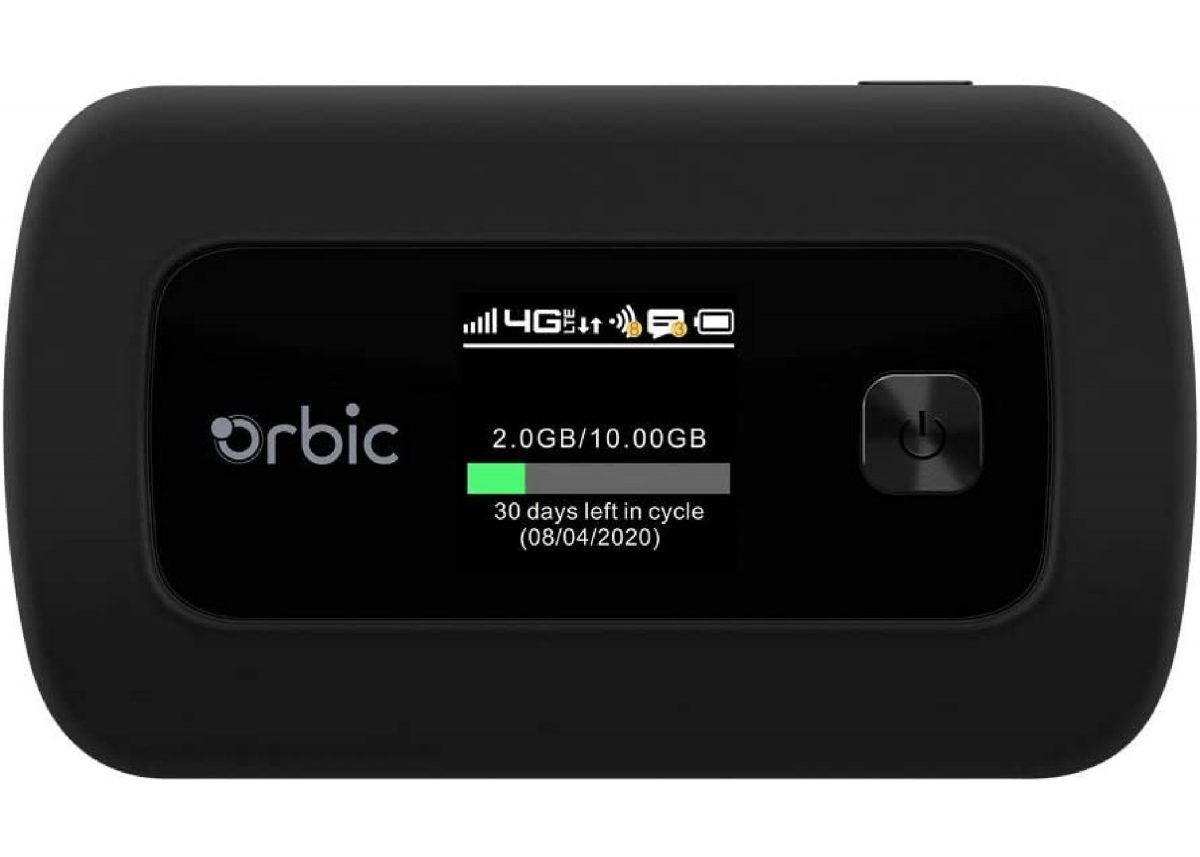 Verizon Orbic Speed Mobile Hotspot with data consumption, battery life, and other information displayed on the screen.