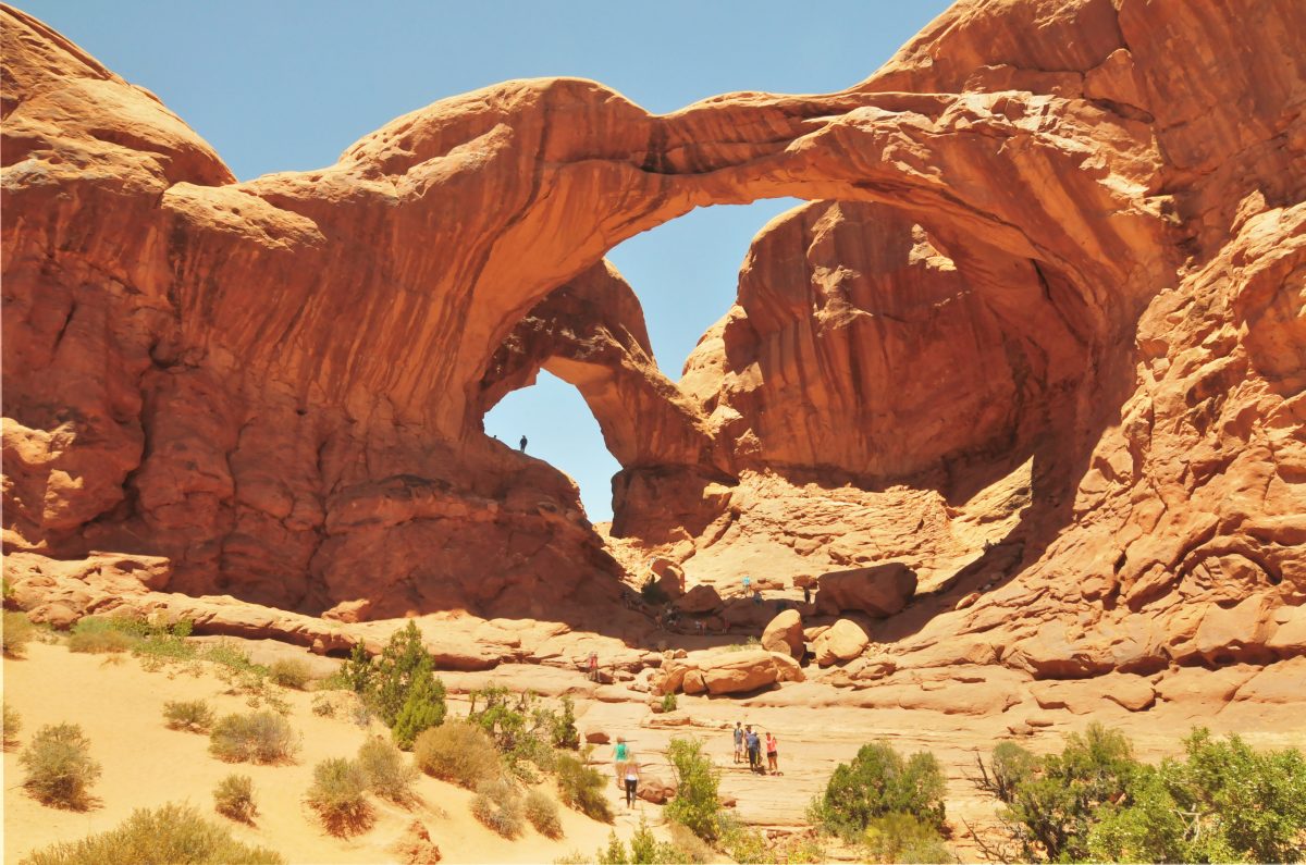 close-set of arches at arches national park, one of the best places to visit in october in the usa.