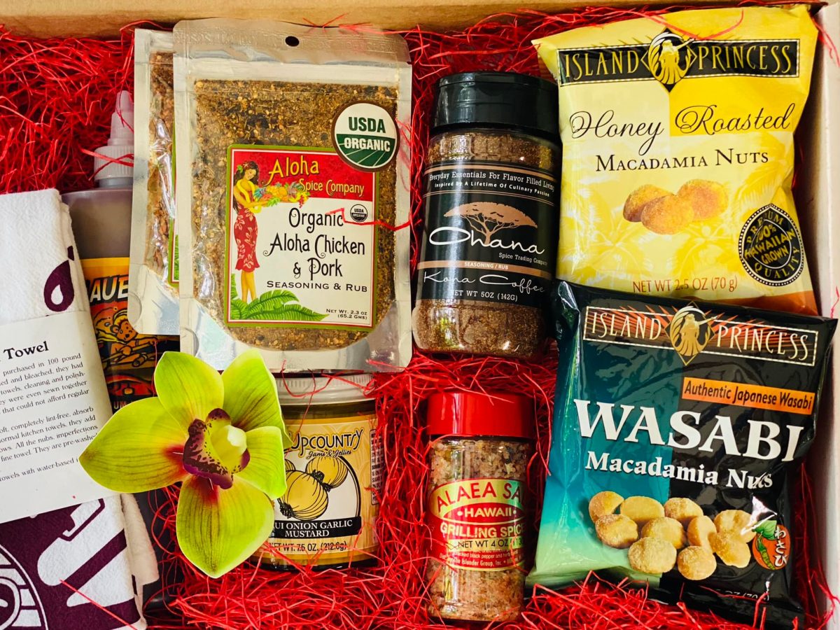 gift basket with popular hawaii items like macadamia nuts, kona coffee, hawaiian sea salt, and more.