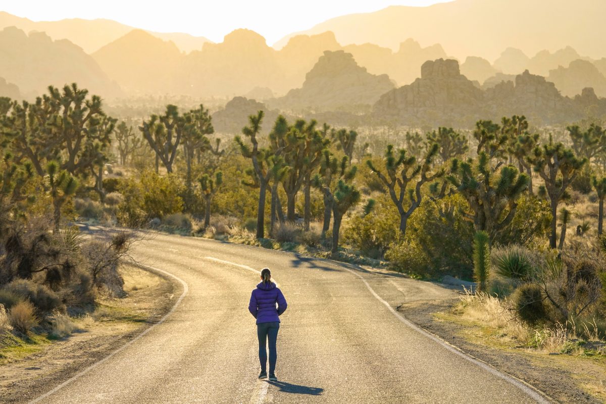 woman hiking along the paved trails of joshua tree national park.