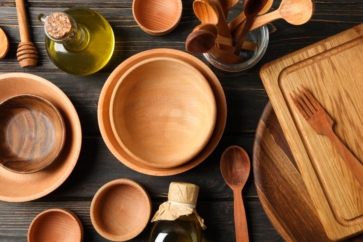 top shot of different kitchenware items made from hawaiian’s koa wood.