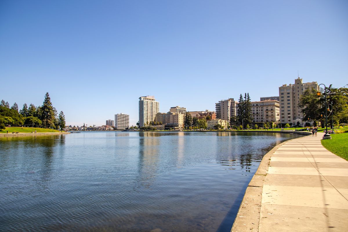 View of Lake Merritt in Oakland, California, one of the most walkable cities in the US