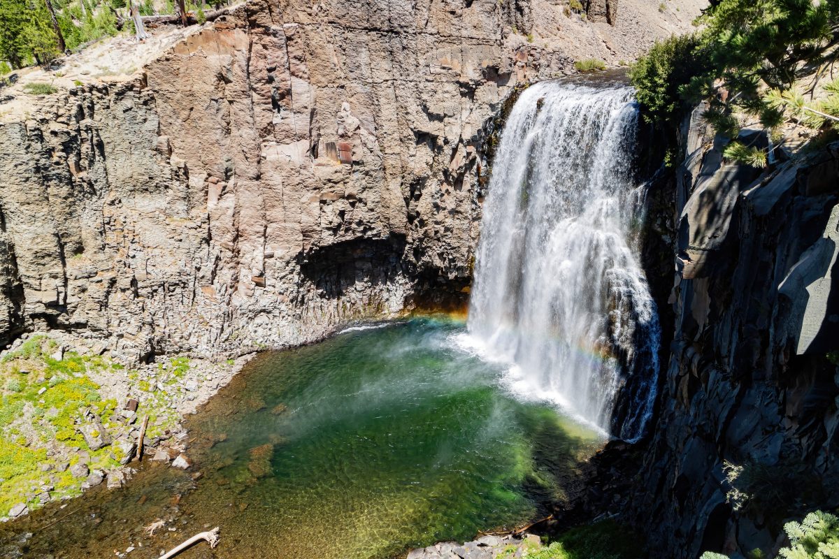 aerial view of rainbow falls in mammoth lakes, one of the best places to visit in october in usa.