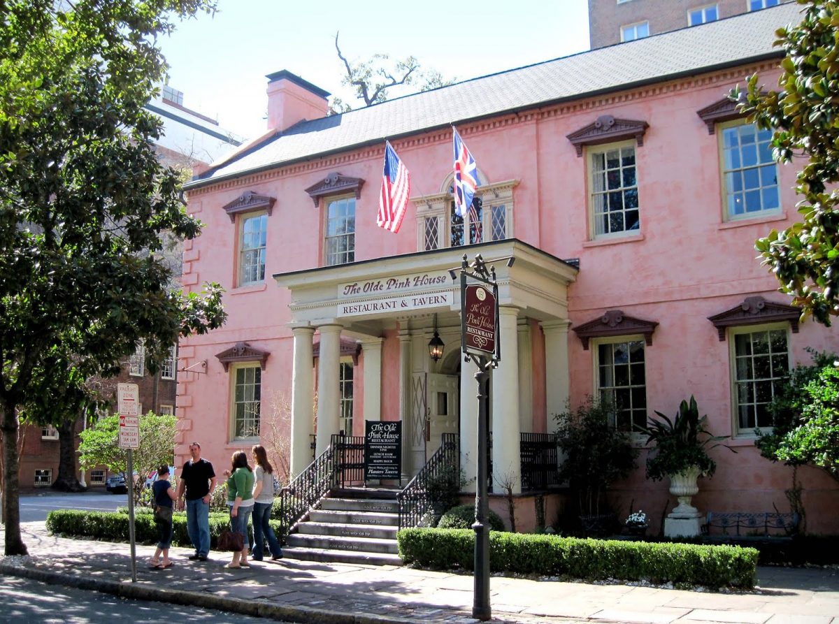 exterior of the olde pink house restaurant in savannah, georgia, one of the best places to visit in october in the usa.