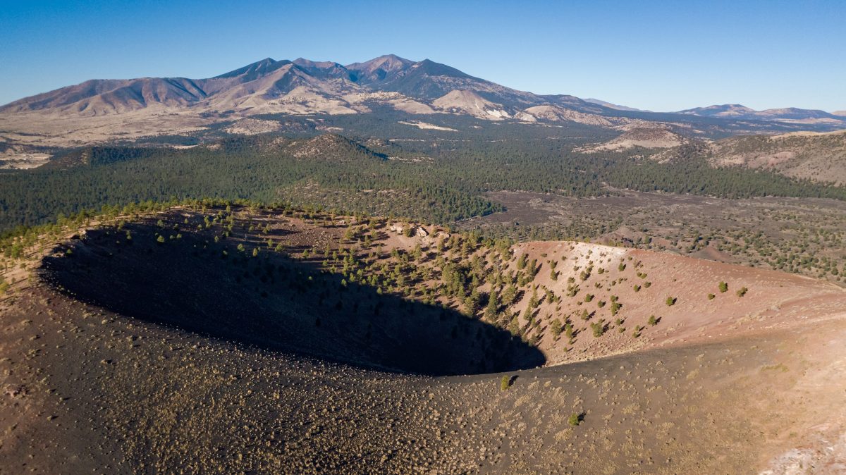 Drone shot of the Sunset Crater Volcano in Flagstaff, AZ.