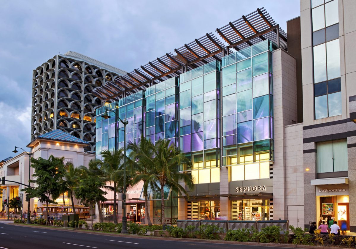 exterior of the waikiki shopping plaza, one of the best places to buy hawaiian souvenirs