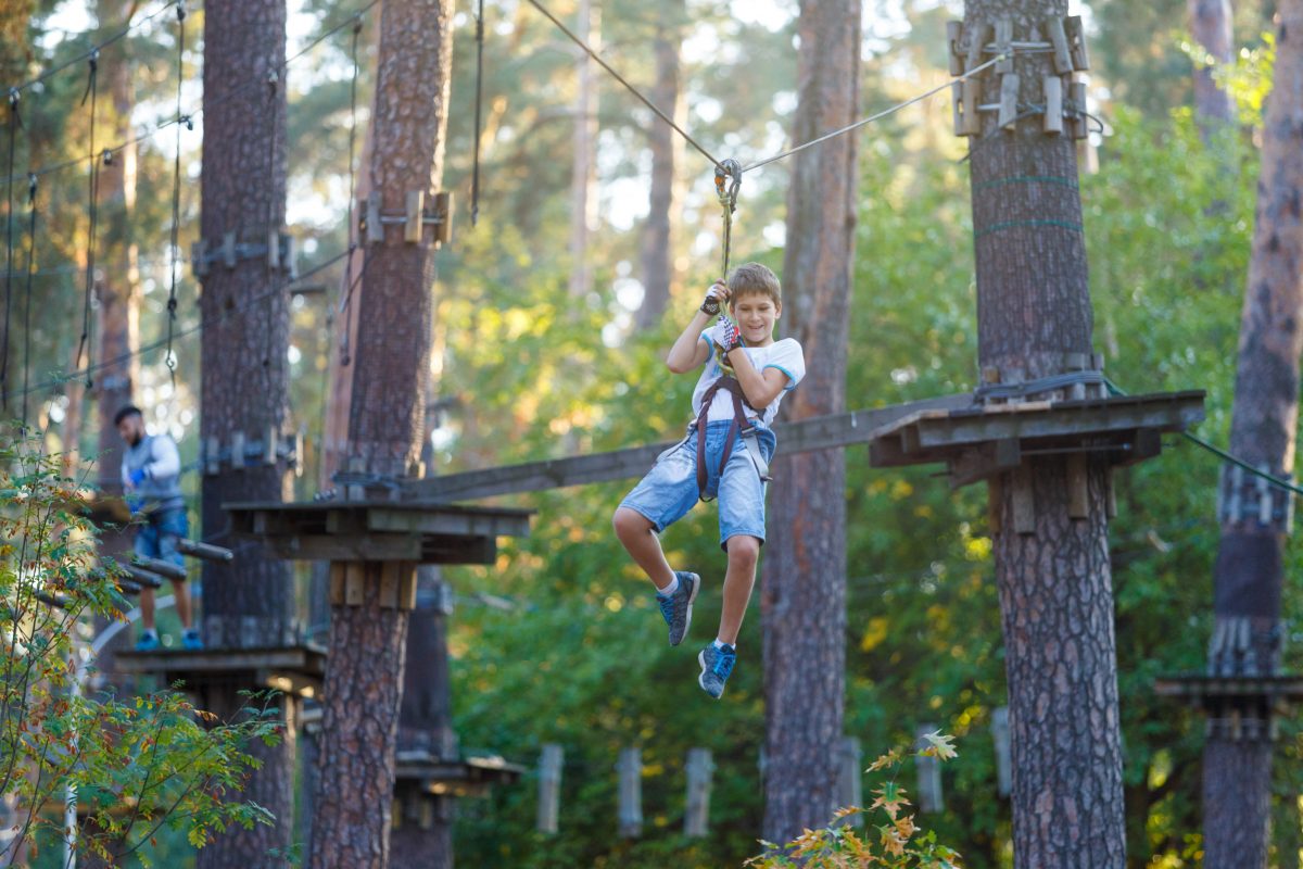 Little boy ziplining through an adventure course, one of the best things to do in Flagstaff.