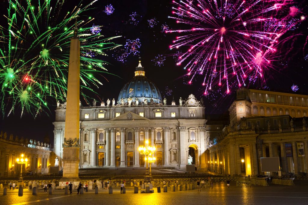 Celebratory fireworks over a St Peter's Square, Vatican
