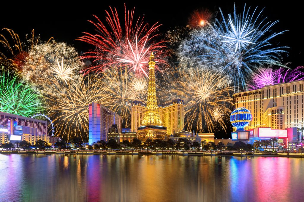 New Year celebration fireworks on Las Vegas strip, Nevada, USA.