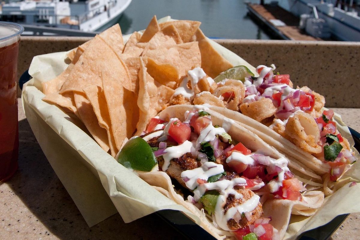 tray of seafood tacos from mitch’s seafood, home to some of the best tacos in san diego.