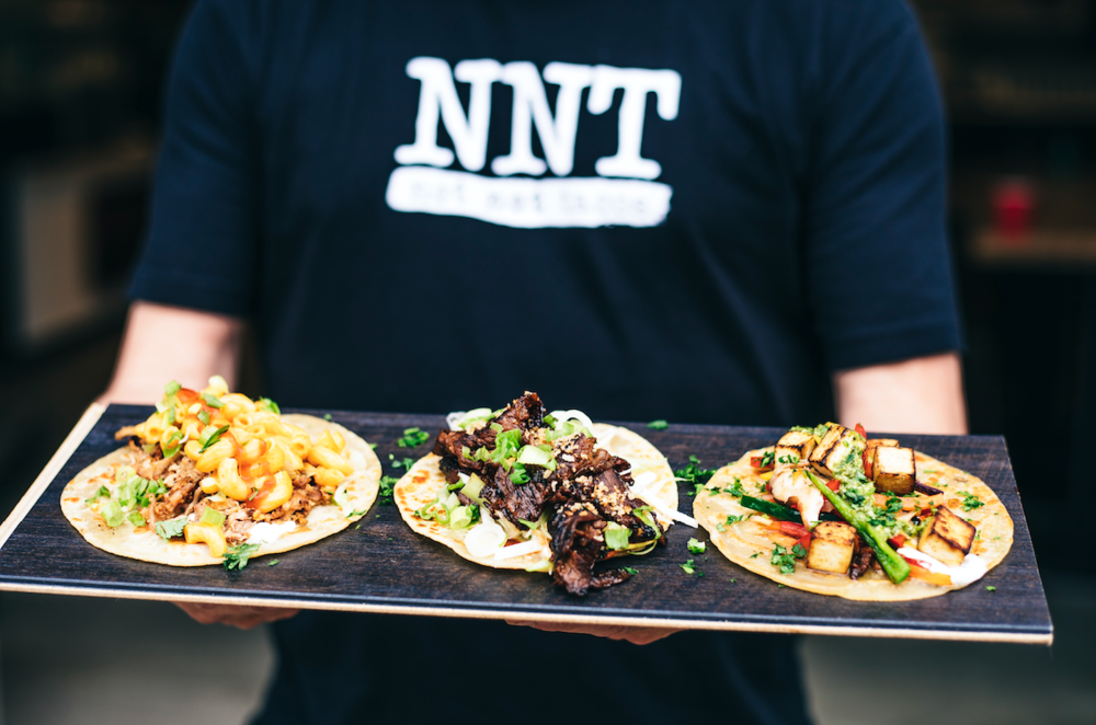 macaroni cheese taco, short rib taco, and eggplant parmesan taco from not not tacos, some of the best tacos in san diego.
