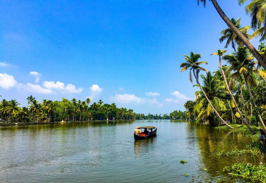 scenic view of river amidst palm tees against blue sky in Alleppey