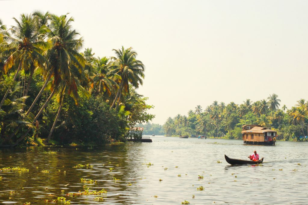 wide view shot of a some boats floating on a serene lake in Kerela