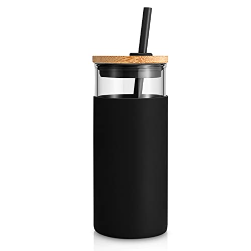 tronco Glass Tumbler Water Bottle with Silicone Sleeve - Black