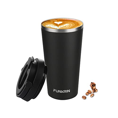 Funkrin Insulated Coffee Mug, 16oz Iced Tumbler with Flip Lid and Handle