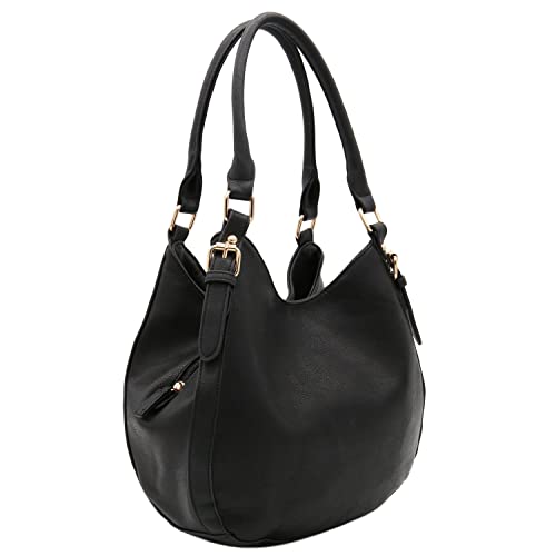Light-weight 3 Compartment Faux Leather Hobo Bag (Black)