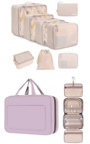 BAGAIL 8 Set Packing Cubes and Hanging Toiletry Bag