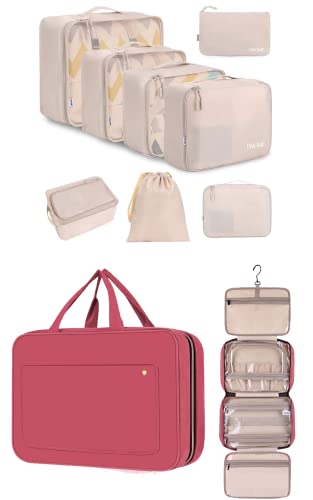 BAGAIL 8 Set Packing Cubes and Hanging Toiletry Bag - Travel Organizer Set