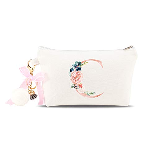 Floral Initial Canvas Makeup Bag with Keychain