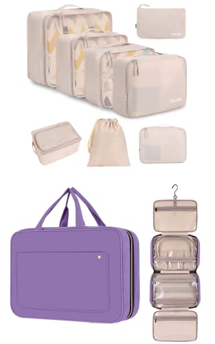 BAGAIL 8 Set Packing Cubes and Hanging Toiletry Bag