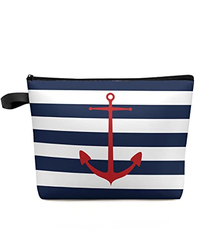 Nautical Anchor Navy Blue and White Striped Makeup Bag