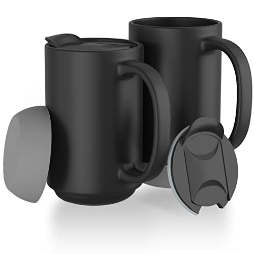 Extra Large Ceramic Coffee Mug - Set of 2 Dishwasher Safe Ceramic Travel Mugs - Reusable Black Cup
