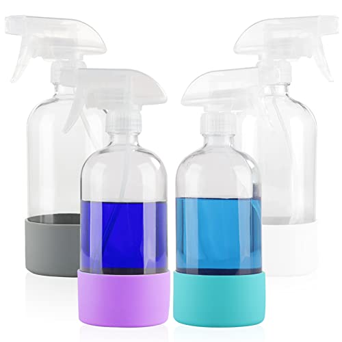 HOMBYS Clear Glass Spray Bottles - Refillable Containers for Cleaning Solutions, Essential Oils - 4 Pack