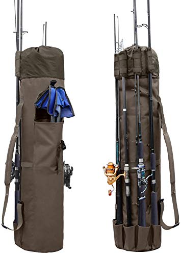Durable Canvas Fishing Rod Organizer Bag- Holds 5 Poles & Tackle