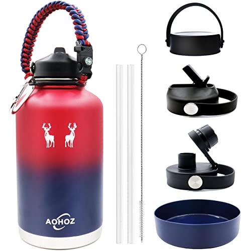 Insulated Half Gallon Water Bottle - 64 oz with Strap, Handle, Carrier, 3 Lids, Straw and Silicone Boot