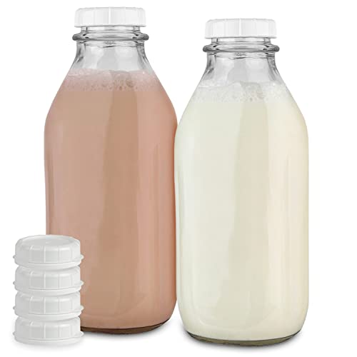 Glass Milk Bottles (2 Pack) - 32-Oz Milk Jars with Lids