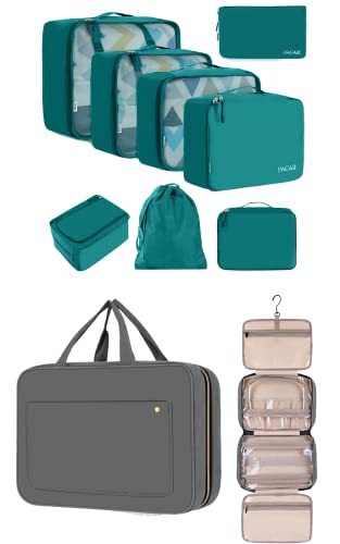 BAGAIL 8 Set Packing Cubes and Hanging Toiletry Bag