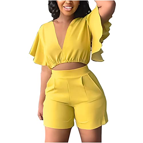 Women's Ruffle Short Sleeve Crop Tops and Shorts Set