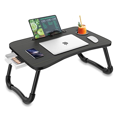 Zapuno Foldable Laptop Bed Table - Multi-Function Lap Bed Tray Table with Storage Drawer and Water Bottle Holder