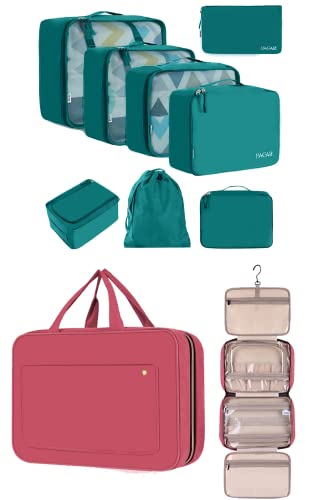 BAGAIL 8 Set Packing Cubes and Hanging Toiletry Bag - Ultimate Travel Organizer