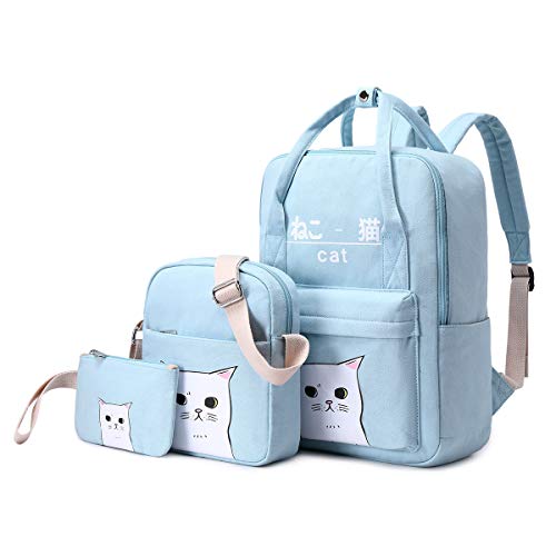 e-youth Cat Canvas School Backpack Set