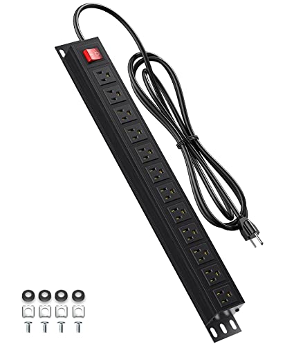 19-inch Rack Mount Power Strip, 12 Outlet Heavy Duty Metal Strip