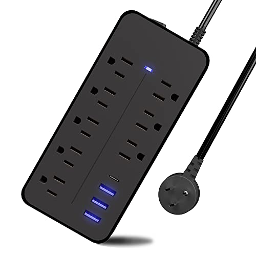 Flat Plug Surge Protector with 8 Outlets and 4 USB Ports