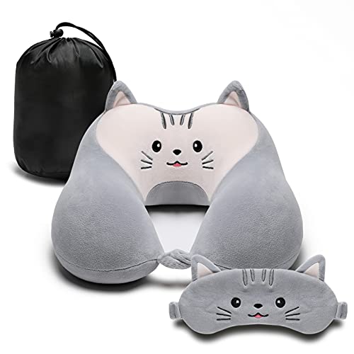 Cute Animal Memory Foam Travel Pillow with Eye Mask Set