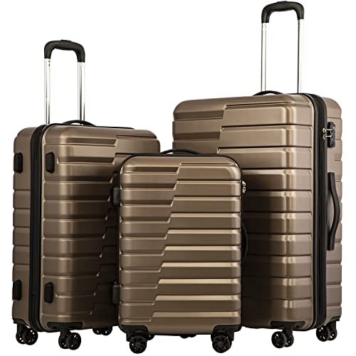 Coolife Expandable Suitcase Set with TSA Lock Spinner - 3 Piece Brown Luggage Set