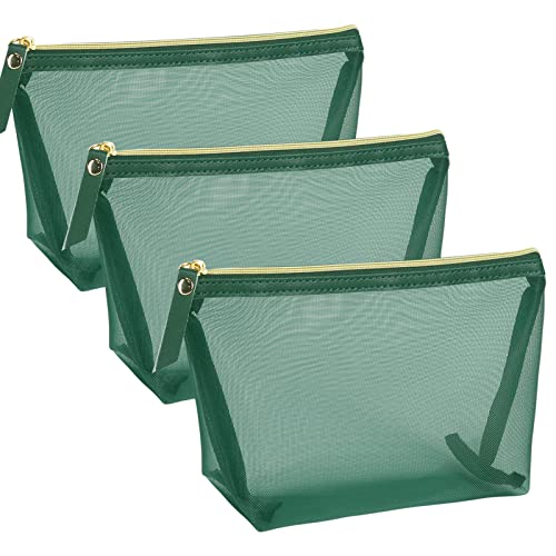 Elegant Emerald Green Mesh Cosmetic Bags - Perfect Organizer for Travel