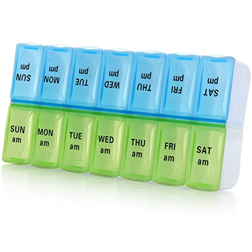 Weekly Pill Organizer, 14 Compartments, Blue+Green