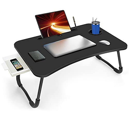 Portable Foldable Laptop Bed Desk with Storage Drawer and Cup Holder