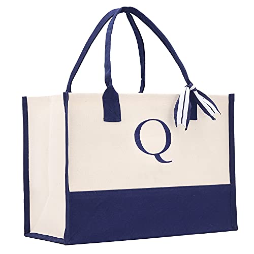 VANESSA ROSELLA Monogram Tote Bag with Navy Block Letter - Q
