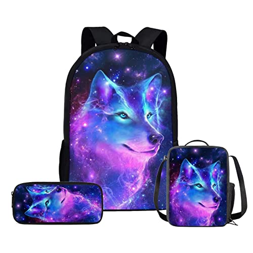 Galaxy Wolf Backpack School Bag with Accessories