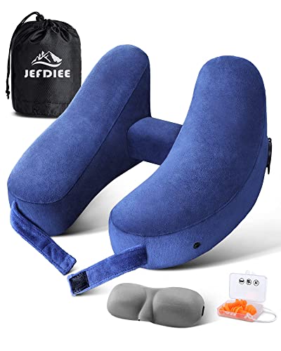 JefDiee Travel Neck Pillow with Hood and Adjustable Inflation