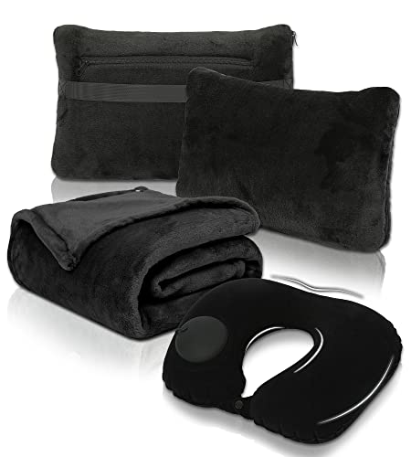 Travel Blanket and Pillow Set - Portable Inflatable Travel Neck Pillow and Premium Soft Airplane Blanket