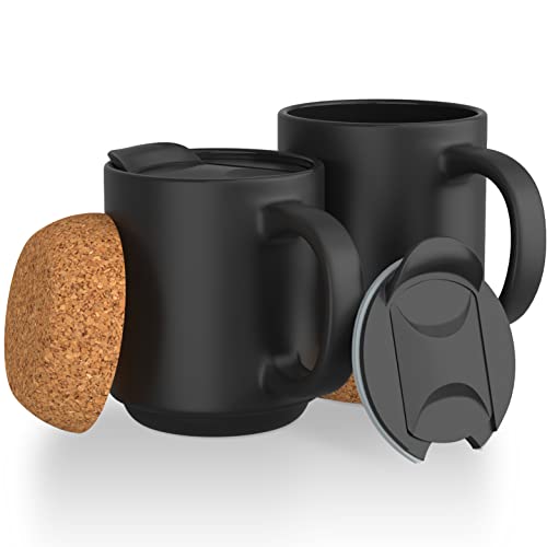 Ceramic Coffee Mug Set - 12oz Slideproof Coffee Cups with Lid and Coaster