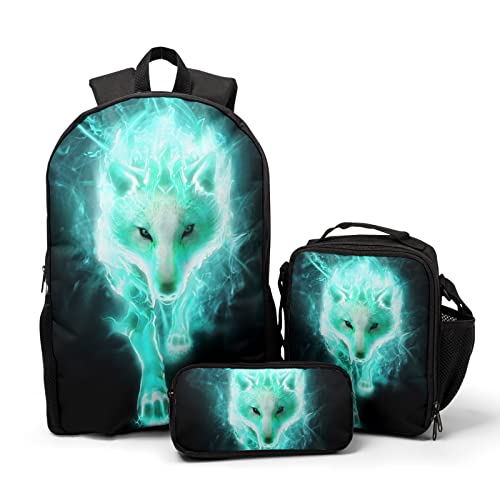 Cool Wolf Backpack Set with Lunchbox and Pencil Case