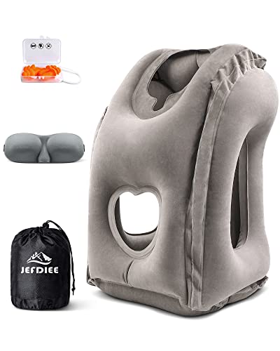 JefDiee Inflatable Travel Pillow with 3D Eye Mask and Earplugs